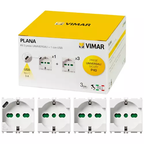 Vimar - 0K14210 - Kit 3 prese P40 + 1 P40 con USB C Plana