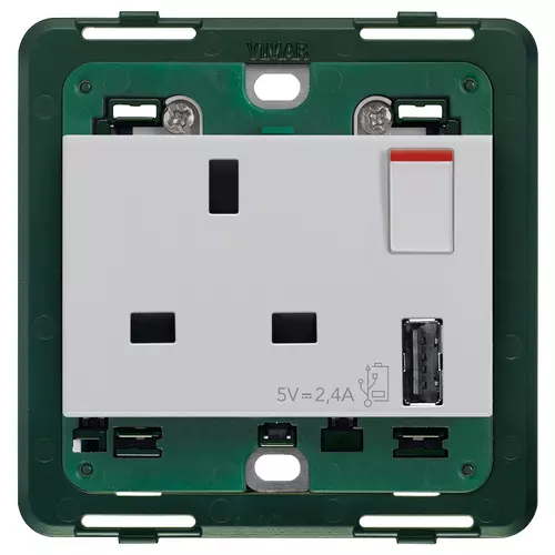Vimar - 14223.A.SL - 2P+E13ABS socket+red switch+A-USB Silver