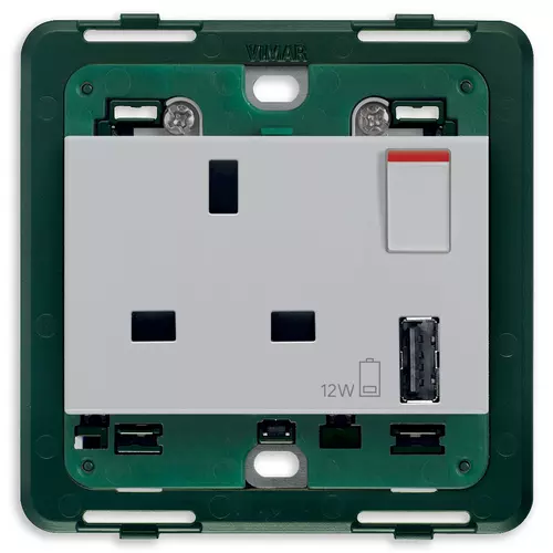 Vimar - 14223.A.SL - 2P+E13ABS socket+red switch+A-USB Silver