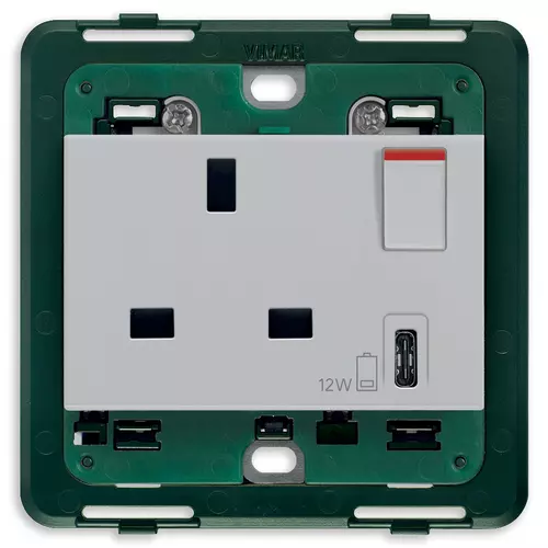 Vimar - 14223.C.SL - 2P+E13ABS socket+red switch+C-USB Silver