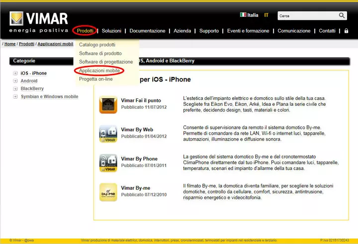 Menù applicazioni mobile