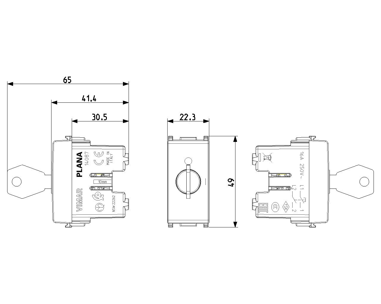 Pulsante 2P NO 16A + chiave unificata Vimar Plana Bianca