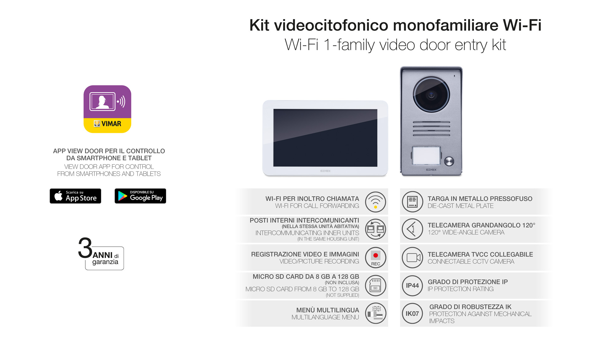 Kit de videoportero táctil monofamiliar con fuente de alimentación multipina Vimar K40915 gris la placa exterior-blanco el monitor 